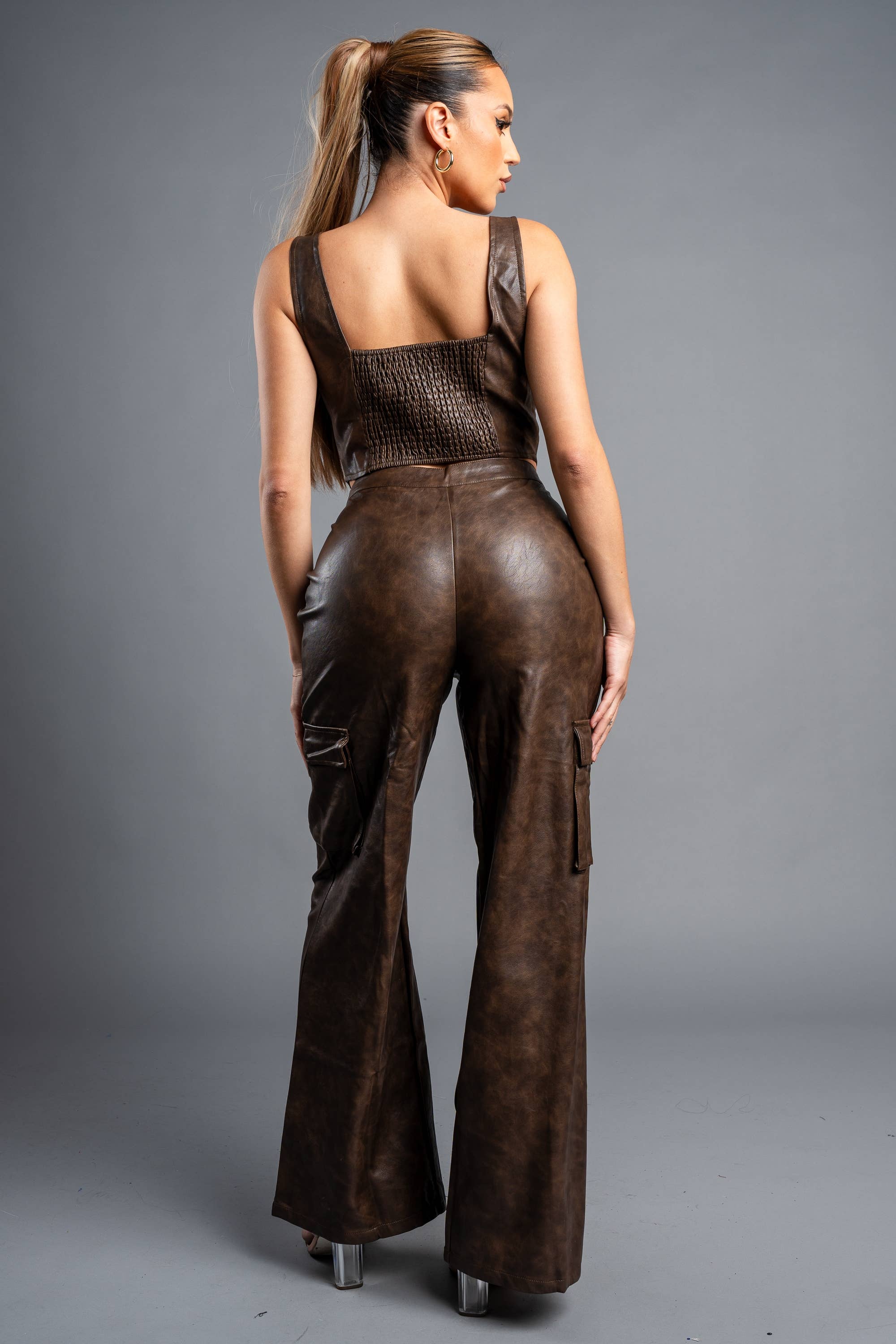 BROWN PS9636E_CHIC TIE DYE PLEATHER BUSTIER & CARGO PANTS SET for wholesale on Faire2