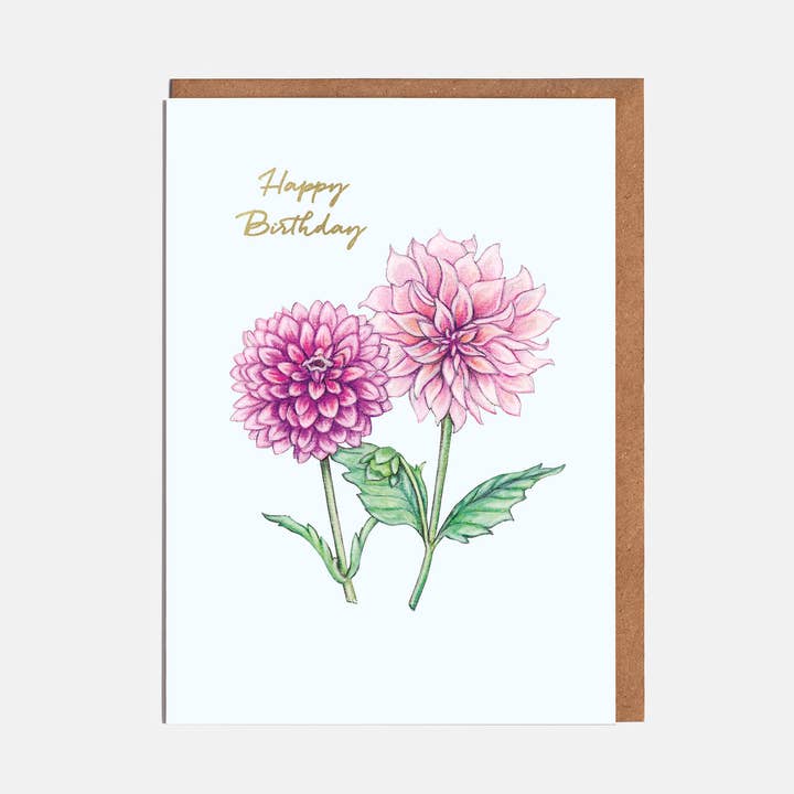 Tarjeta de cumpleaños con flores de dalia rosa y naranja, «Happy Birthday» para venta al por mayor de Lottie Murphy