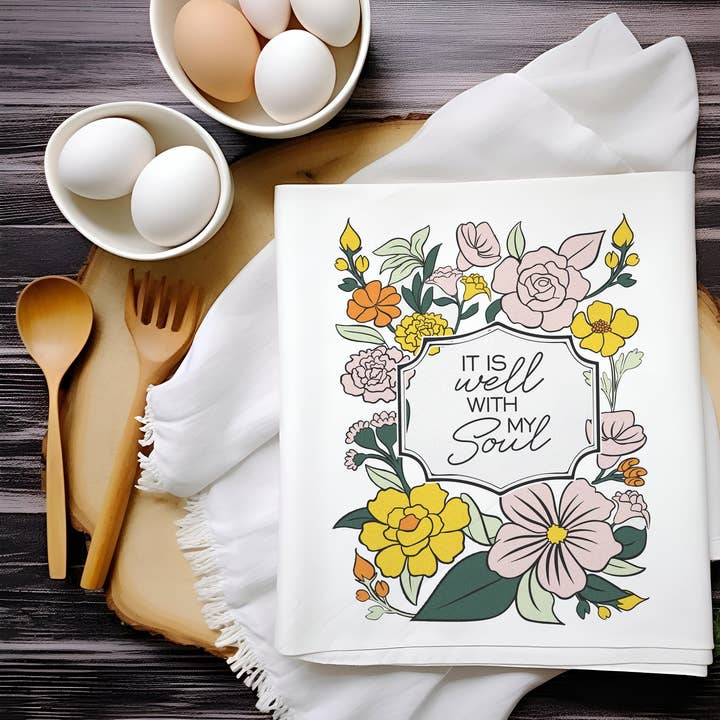 Asciugamano da cucina in cotone con inno "It Is Well With My Soul" per la vendita all'ingrosso da parte di Praise and Gratitude