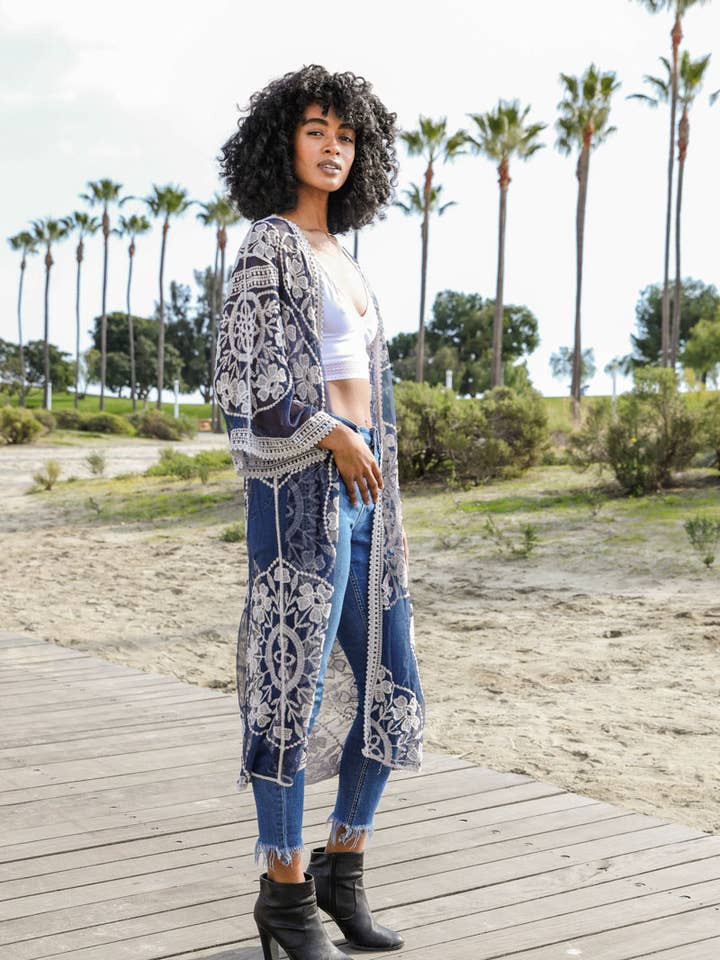 Leto Accessories - Wholesale Kimono - Women's - Contrast Mesh Cotton Lace Longline Kimono 🎀
