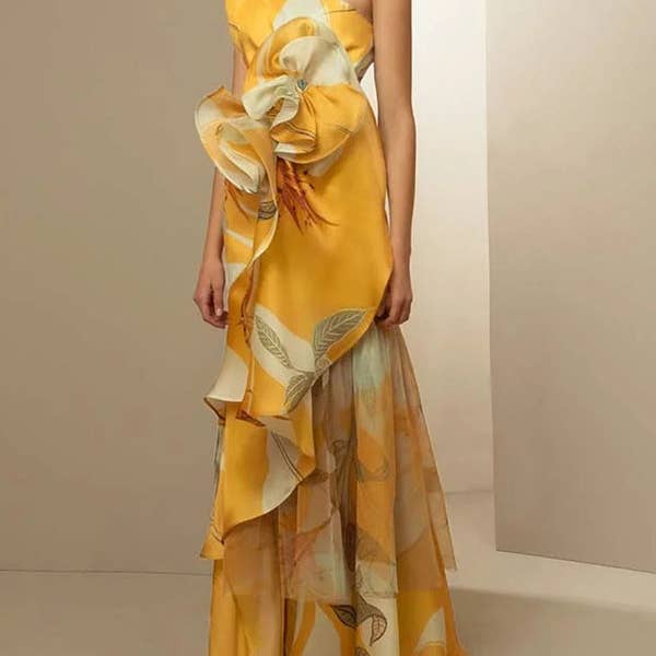 Flower Printed Off-The-Shoulder Sleeveless Asymmetric Satin Evening Maxi Dresses for wholesale by Sheer Trend