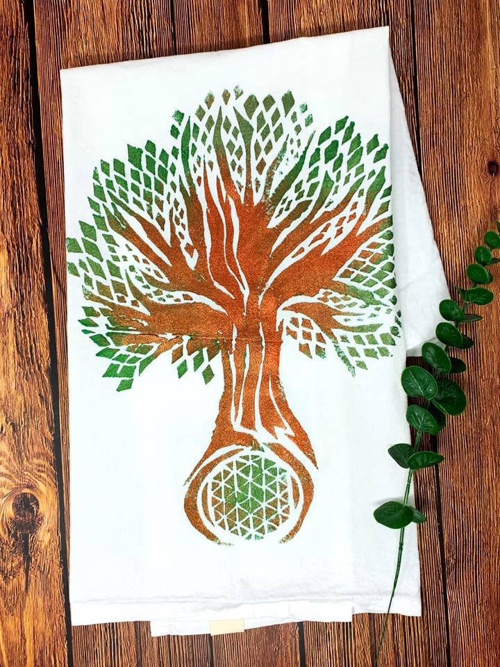 Tree of Life Hand Painted Dish Towel for wholesale by Third Wolf Designs
