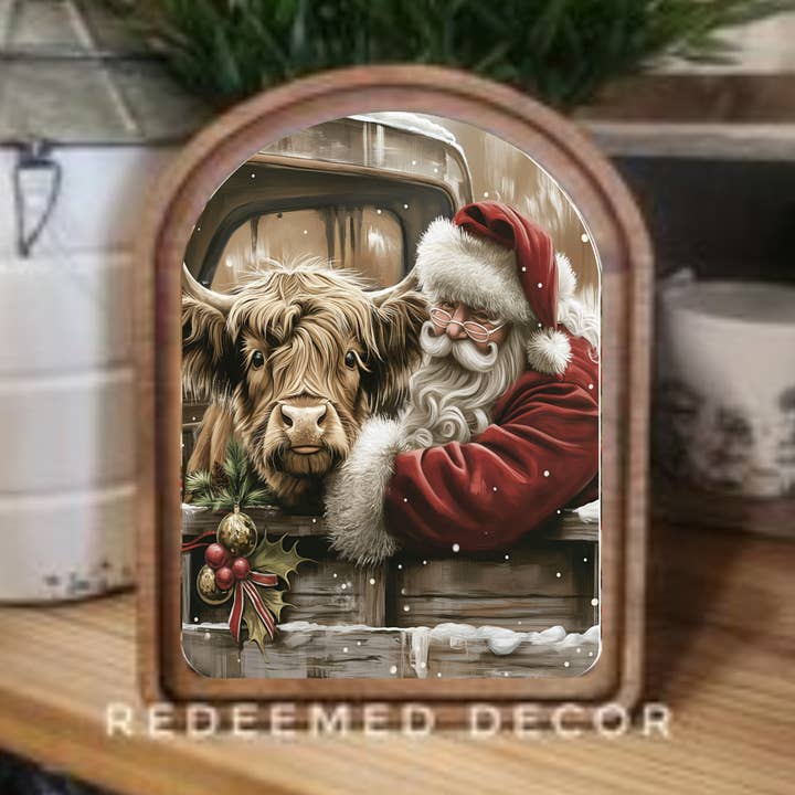 Arch Top Highland With Santa Framed Art for wholesale by Redeemed Decor