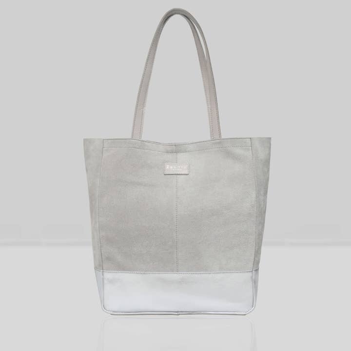 Sacola de couro real cinza 'PAIGE' +couro metálico prateado por atacado de Assots London