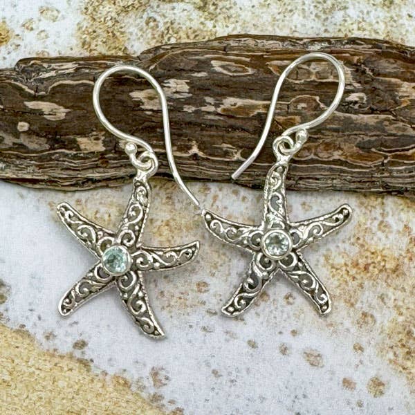 Goddess Design Studio - Vente Boucles d'oreilles pendantes - Boucles d'oreilles fantaisie en forme d'étoile de mer en argent sterling et pierres précieuses2