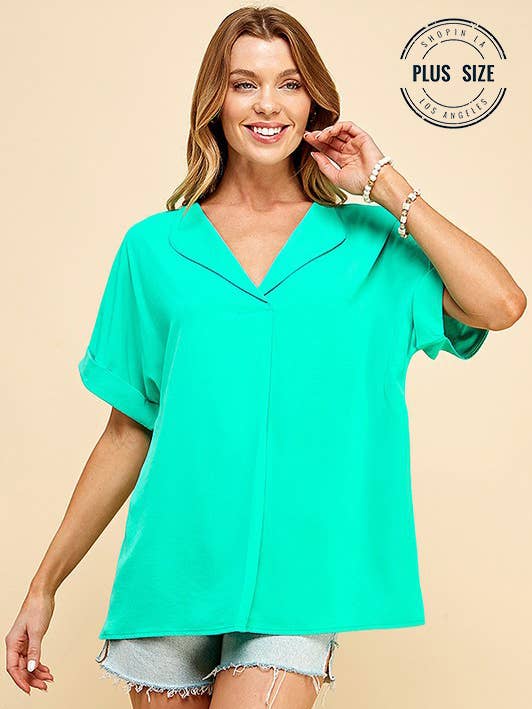 Shopin LA - Wholesale Blouse - Women's - SPT5068P - PLUS SOLID COLLARED SHORT SLEEVE LOOSE BOXY TOP