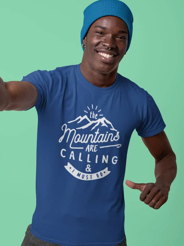 ULTRABASIC - Graphic Printed Men's The Mountains Are Calling And I Must Go Hiking Tee Tango Red for wholesale by ULTRABASIC