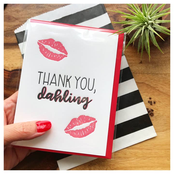 Kiss and Punch - Wholesale Thank You Card - Thank You Dahling Kissing Lips Letterpress Card1
