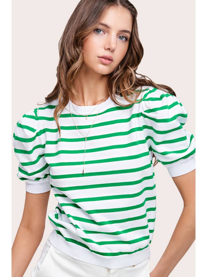La Miel - Wholesale Knit Top - Women's - JCS3562-Lightweight Puff Short Sleeve Stripe Knit Top10