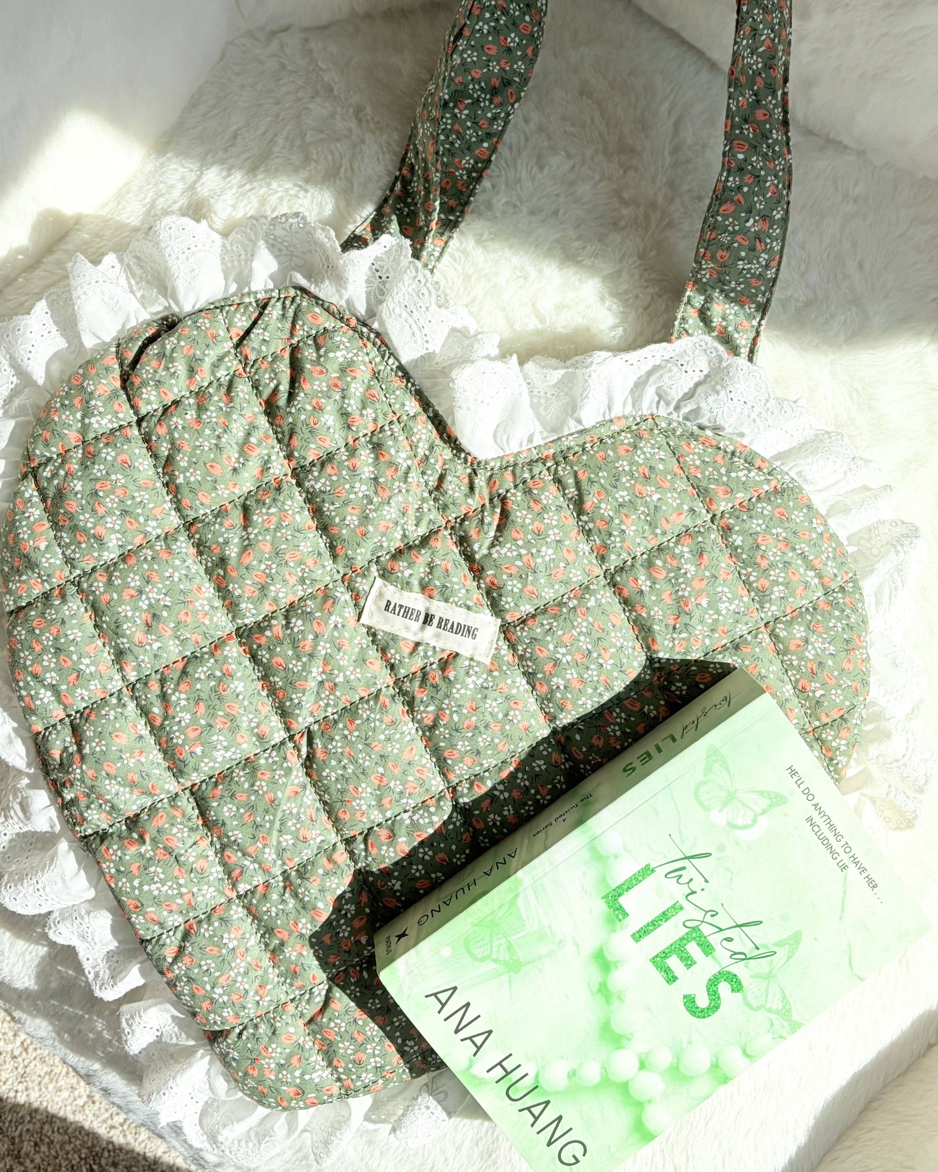 The Bean Workshop - Wholesale Tote Bag - Women's - Rather Be Reading Green Quilted Heart Tote Bag with Ruffled Lace Trimming7