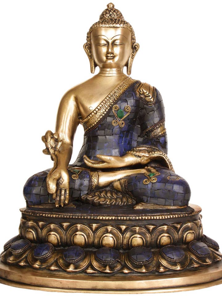 Dieu bouddhiste tibétain Lapis Bouddha de guérison en laiton de 13 pouces pour la vente par Exotic India Art