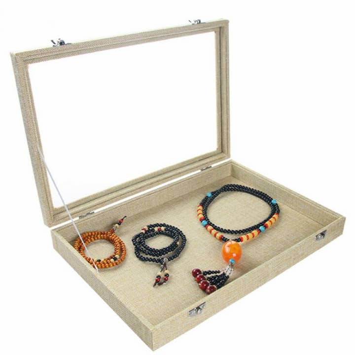 Zakka – wholesale Smyckesmonter – Glas-Top Burlap Smycken Provdelar Display Case