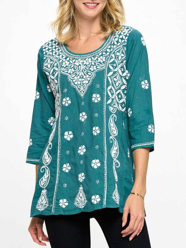 Floral Embroidered Sea Green Cotton Tunic for wholesale by Culture Spot