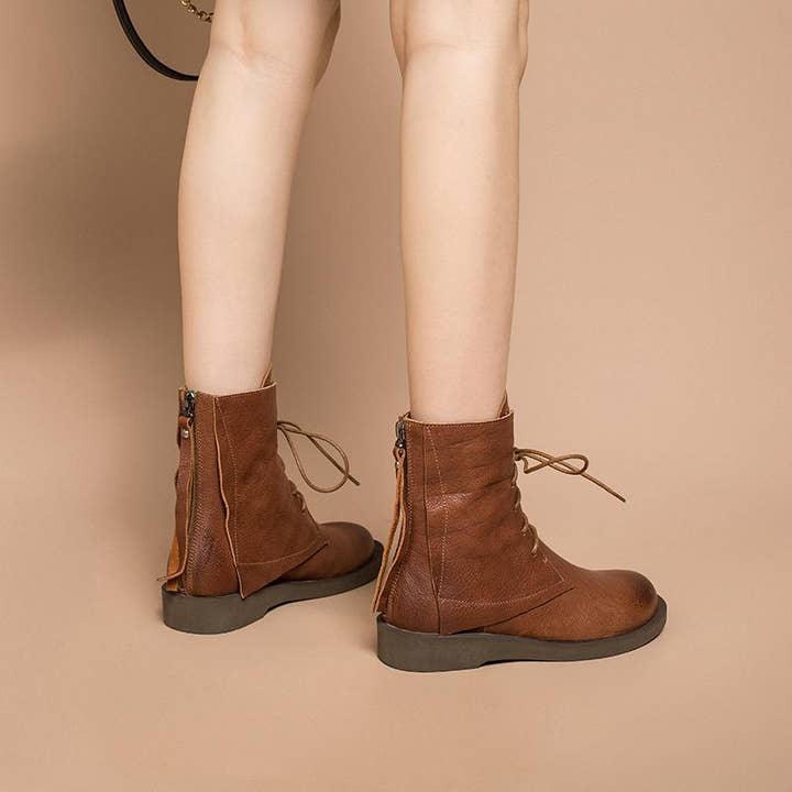 DWARVES - Wholesale Combat/Military Boots - Women's - Full Grain Leather Combat Boots Designer Retro Chunky Riding Boots Back Zip Brown/Black7