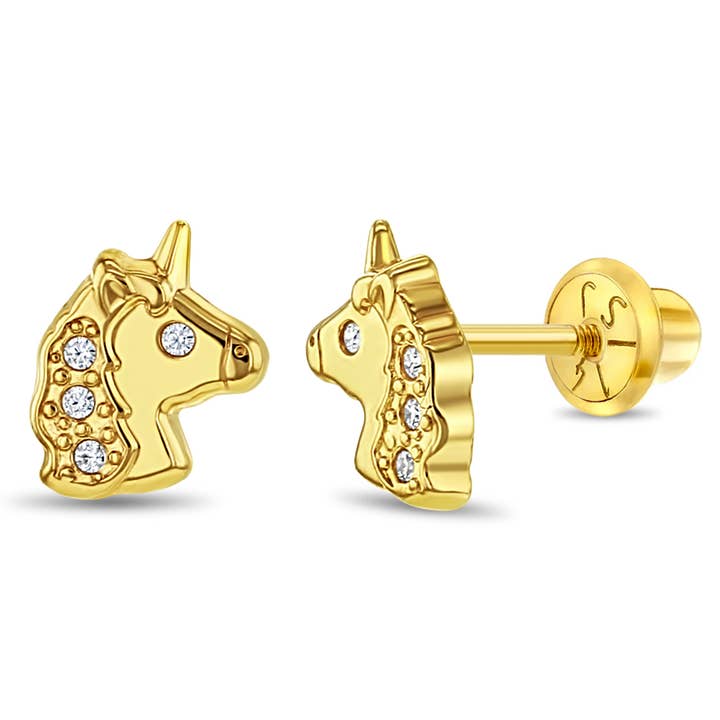 14k Gold Glimmering Unicorn Clear Toddler / Kids / Earrings for wholesale by In Season Jewelry