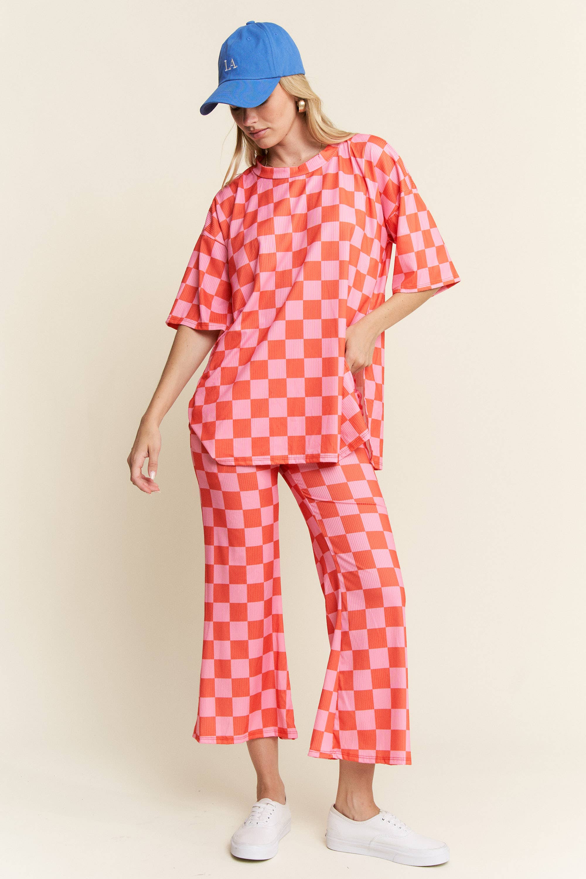 JADE BY JANE - Wholesale Lounge Set - Women's - RIBBED CHECKERED PRINT TOP/STRAIGHT LEG PANTS SET15