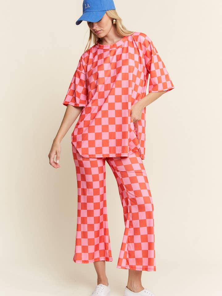 JADE BY JANE - Wholesale Lounge Set - Women's - RIBBED CHECKERED PRINT TOP/STRAIGHT LEG PANTS SET15