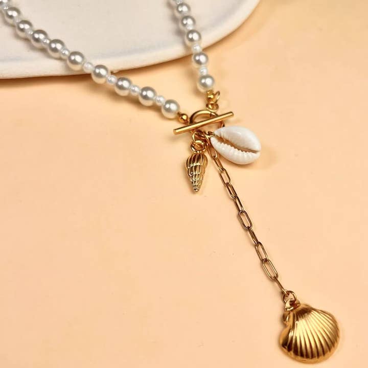 COSMOS - Wholesale Pendant/Charm Necklace - Stainless steel shell charm dangling pearl necklace1