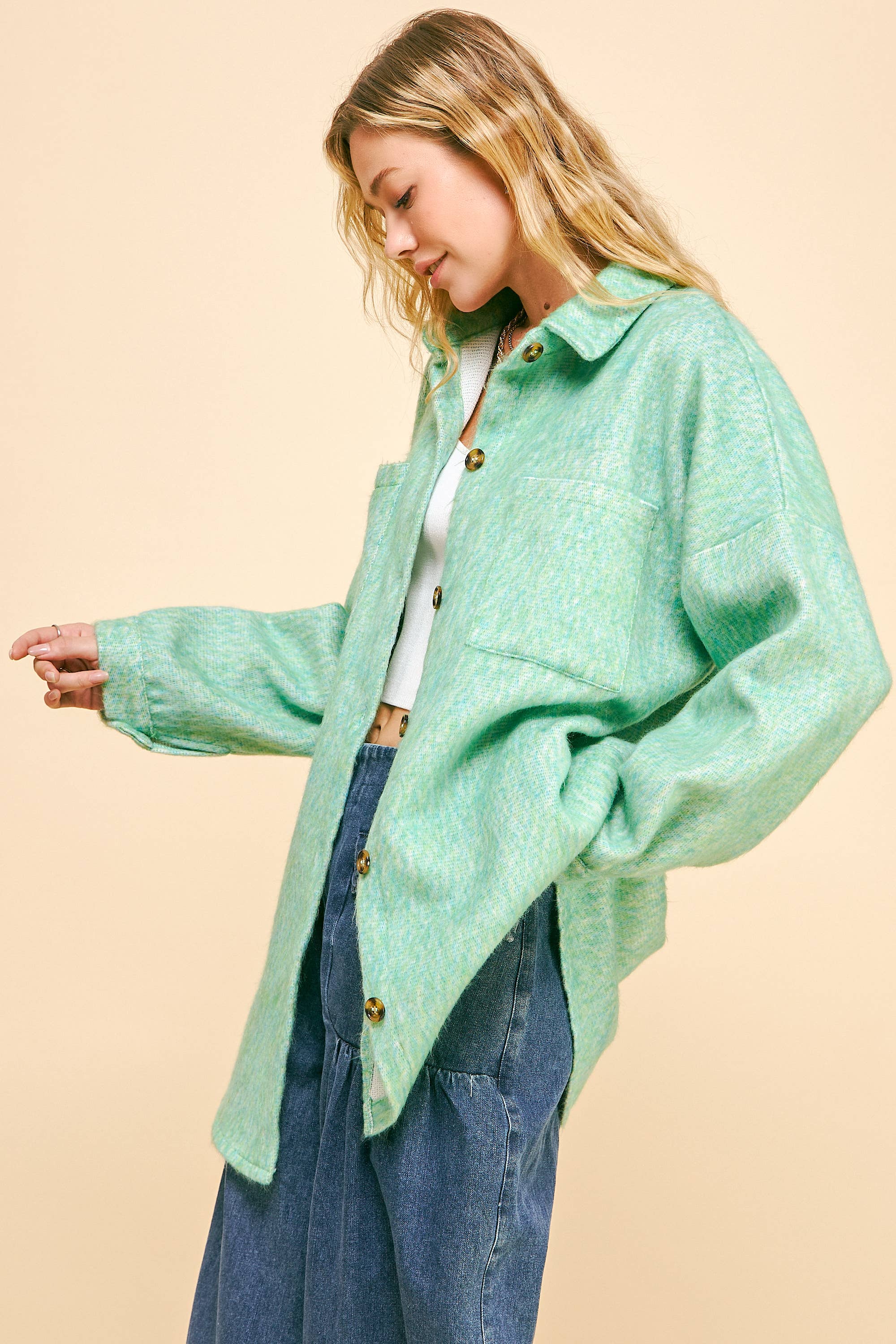 MINT GREEN PLUS FUZZY TEXTURED CHEST POCKET BUTTON UP JACKET for wholesale on Faire4