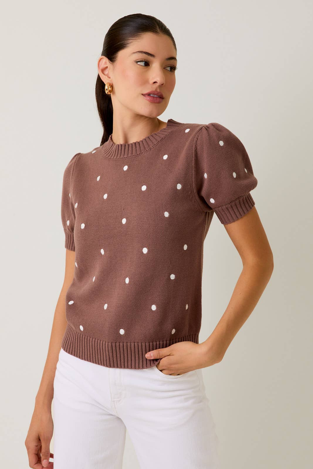 Sunday Edition - Wholesale Knit Sweater - Women's - ROUND NECK PUFF SHORT SLEEVE "POLKA DOT" EMBROIDERED SWEATER37