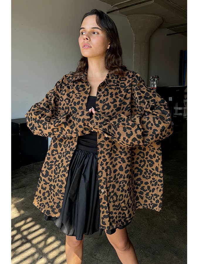 Brun Skjortejakke med twill leopardprint med knap for engroshandel på Faire