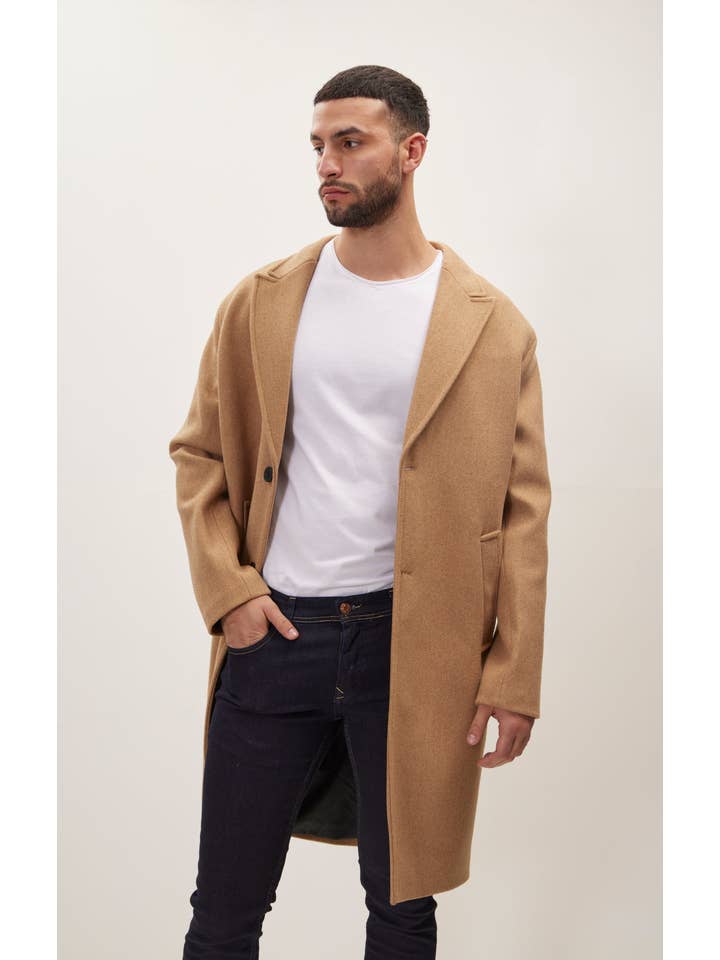 Men's Long Fitted Pea Coat With Notch Lapel - Camel for wholesale on Faire