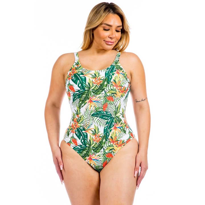 PLUS SIZE TROPICAL PRINT ONE PIECE SWIMSUIT for wholesale by Curve Market