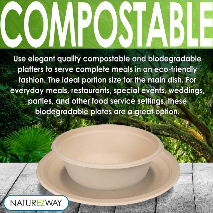 NatureZway - Wholesale Disposable Plate - 8" Bamboo & Sugarcane Round Bowls | 16 OZ | 160 Pack
