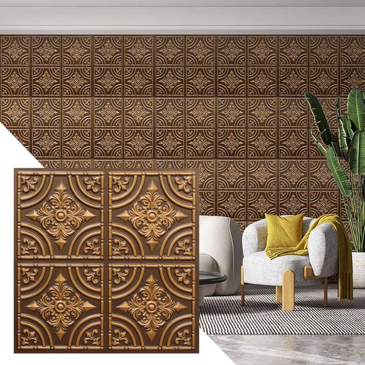 PVC Ceiling Tiles, 2 ft x 2 ft, Glue Up or Lay In, Wipe-clean, Waterproof - Rustic Patchwork Antique Gold for wholesale by Dundee Deco