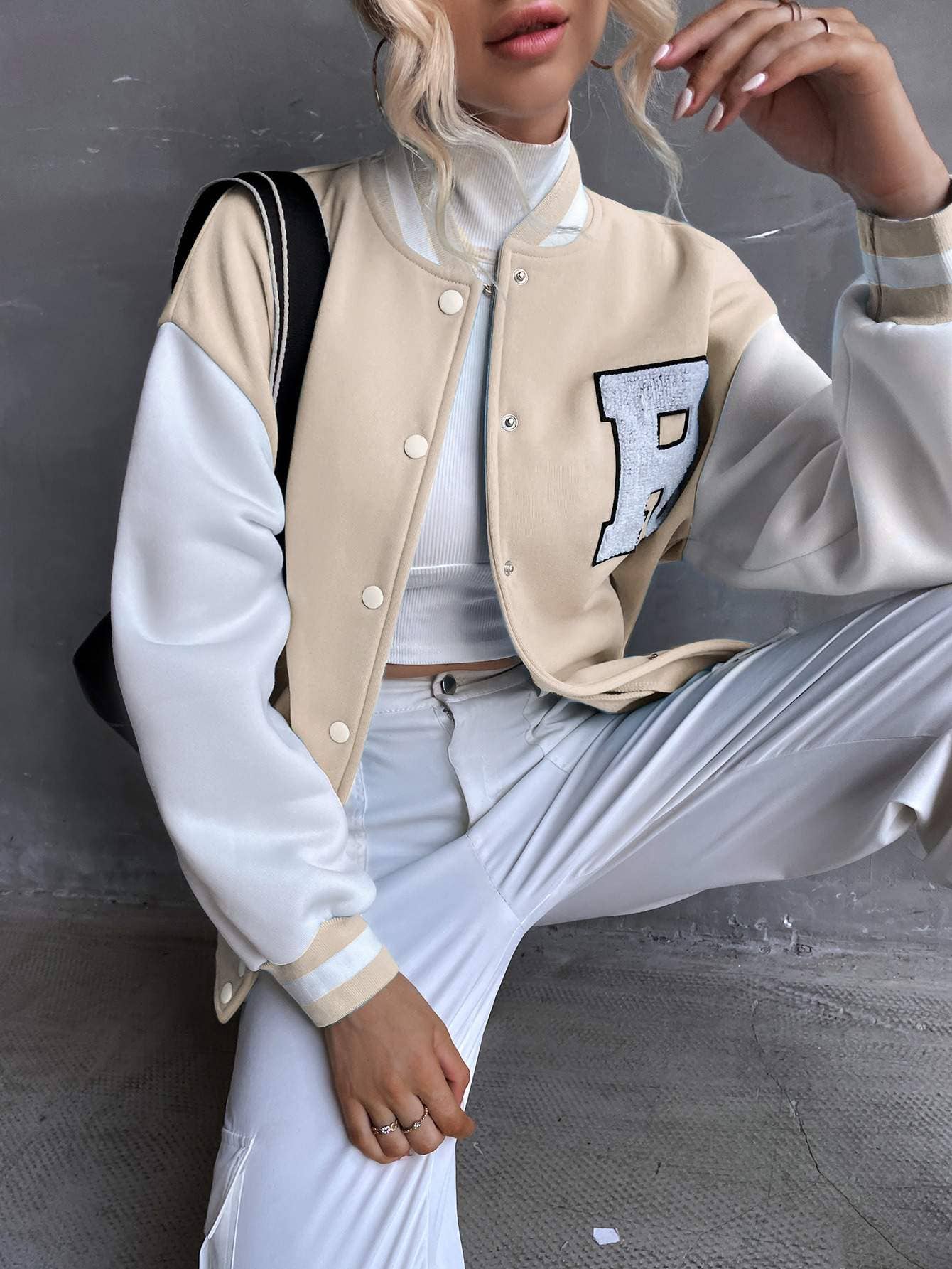 Flarix – Blusão - Mulher por atacado – jaqueta bomber carta remendada ombro0