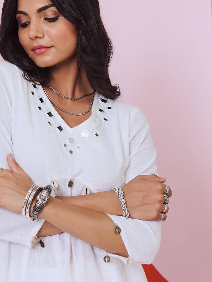 House of Amaya - Wholesale Top & pants set (NOT Loungewear) – Women's - Ajuni White Mirror Embroidered Kurta, Palazzo with Chanderi Dupatta (Set of 3)3