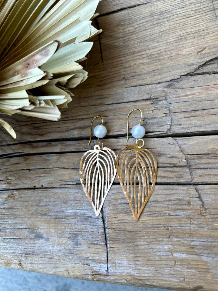 Leaf and Pearl Earrings for wholesale by Love & Lumber