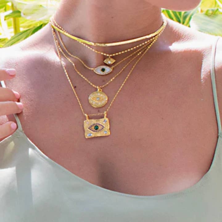 HoopLa - Wholesale Pendant/Charm Necklace - Evil Eye Protection Medallion Talisman 14K Gold Crystal Neck