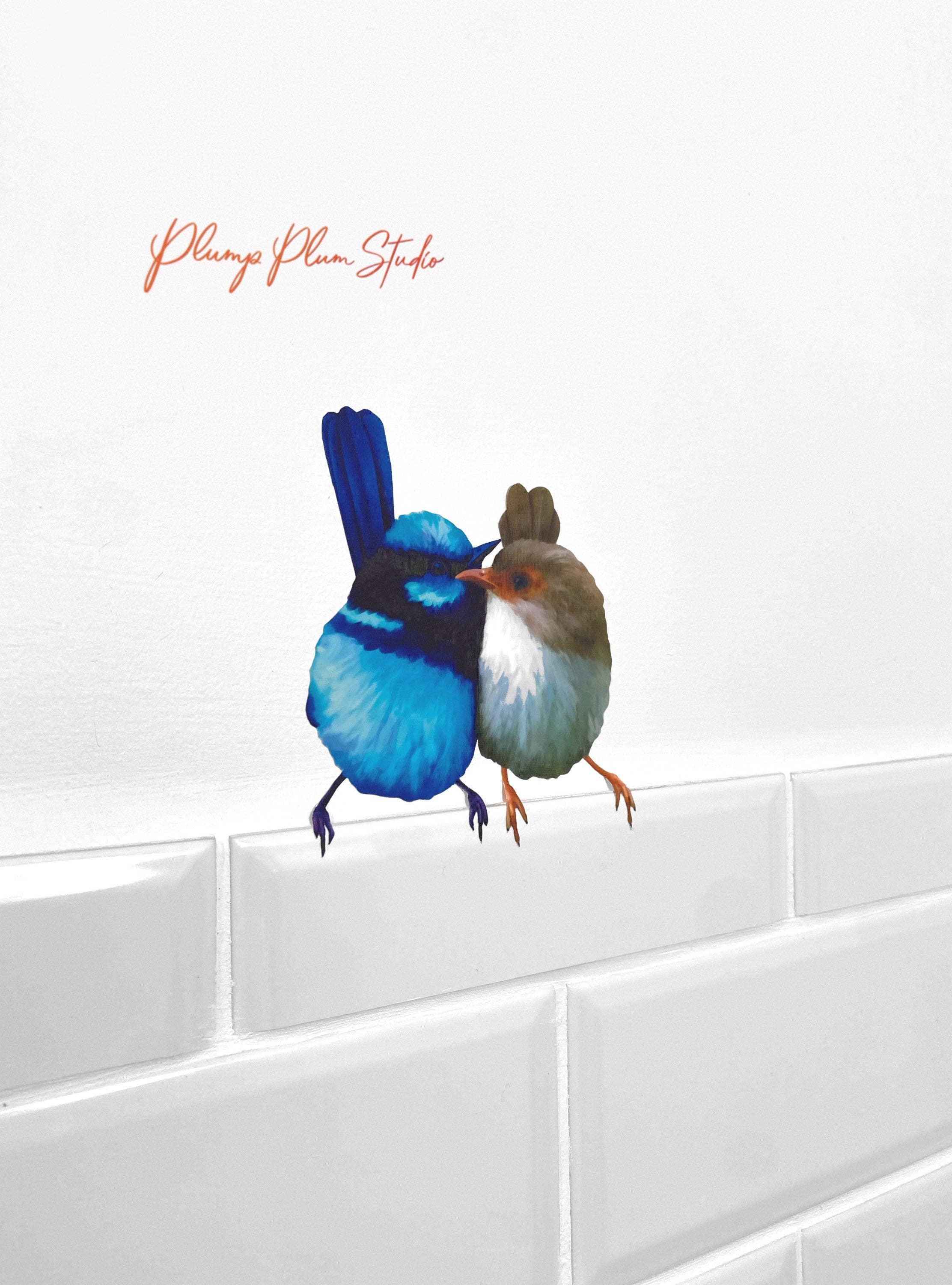 Plump Plum Studio - Wholesale Sticker - Superb fairy blue wren love pair decal, Fairy wrens sticker1