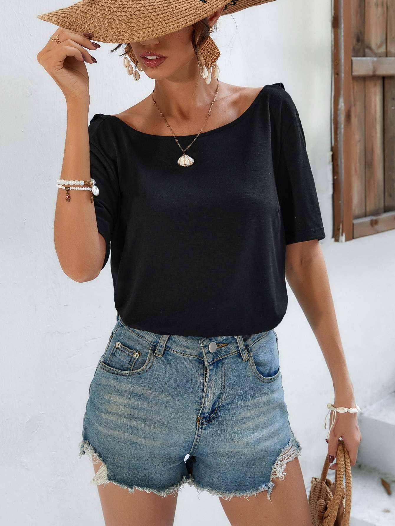 Flarix - Wholesale Blouse - Women's - frenchy fake button ruffle trim v back tee5