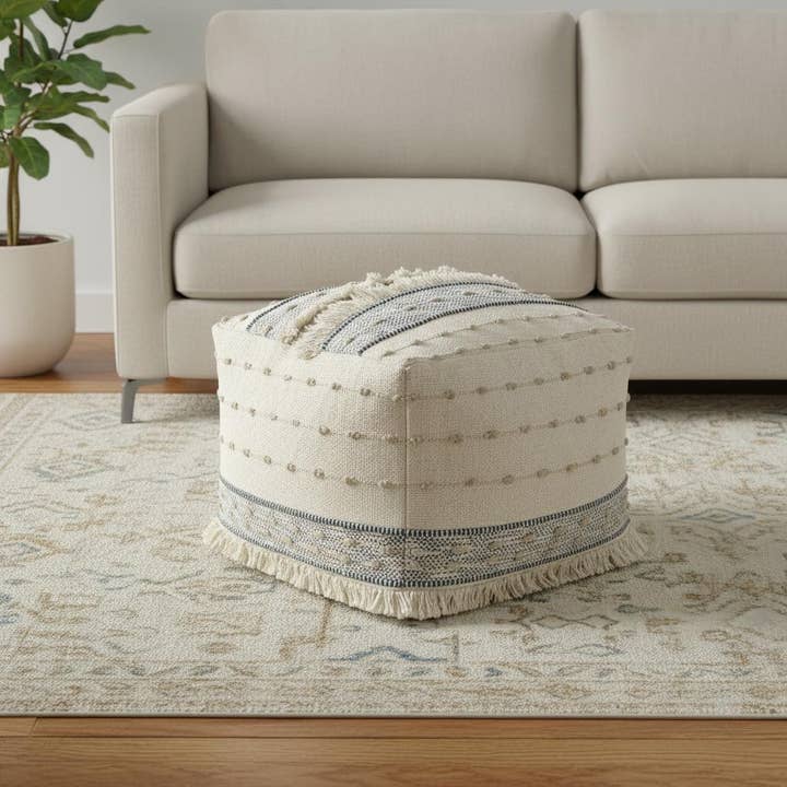 HomeRoots - Wholesale Ottoman - 18" Ivory and Navy Blue Cotton And Wool Striped Pouf Ottoman1