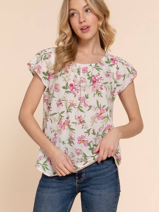 Short Tulip Slv Floral Print Woven Top for wholesale by Active Basic | Active USA