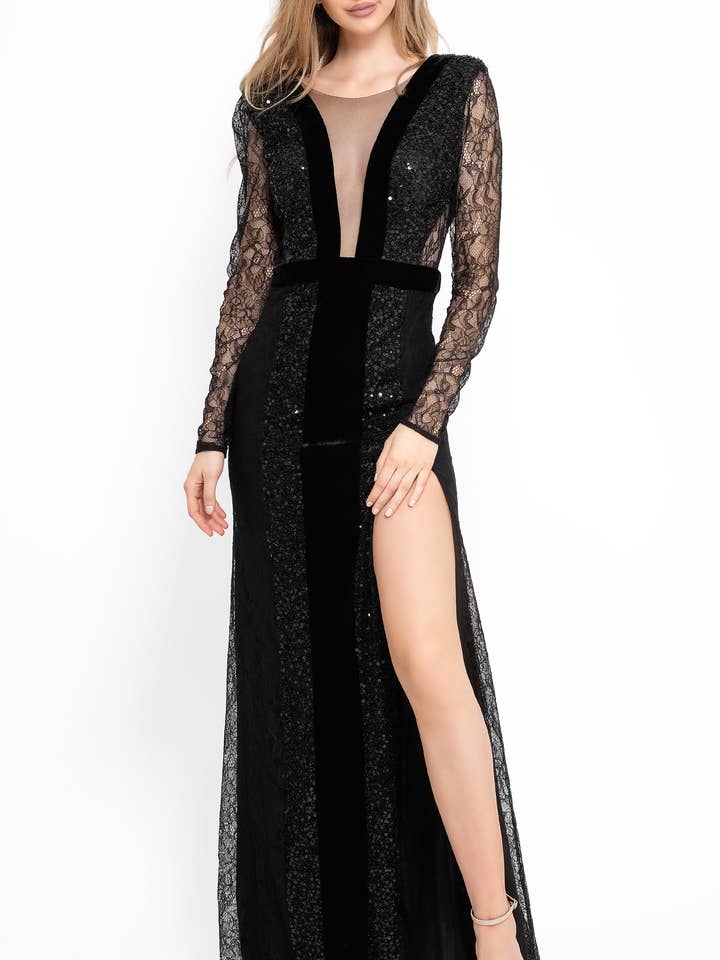 Abito in pizzo nero, tulle decorato e velluto per la vendita all'ingrosso da parte di ANTONIA NAE LONDON