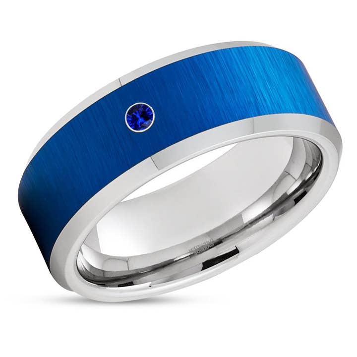 Anello nuziale in tungsteno blu - Anello in tungsteno in argento - Anello in tungsteno in argento - Zaffiro blu per la vendita all'ingrosso da parte di Lucky Love Rings