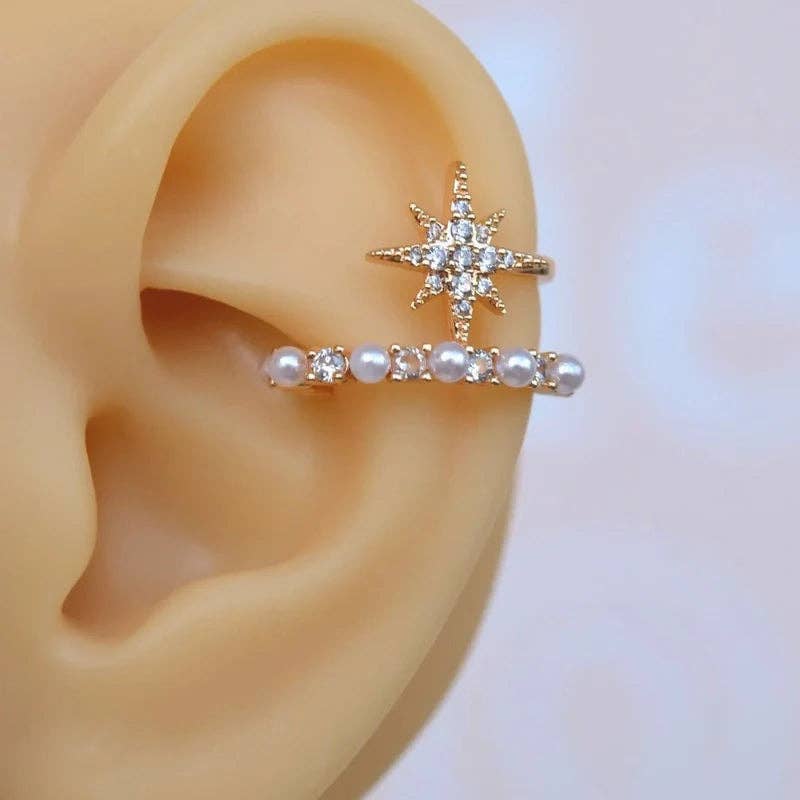 StockJWL – wholesale Cuff/wrap earrings – Mini Pearl Ear Cuff Compression Cartilage Earrings with Polar Star Detail2