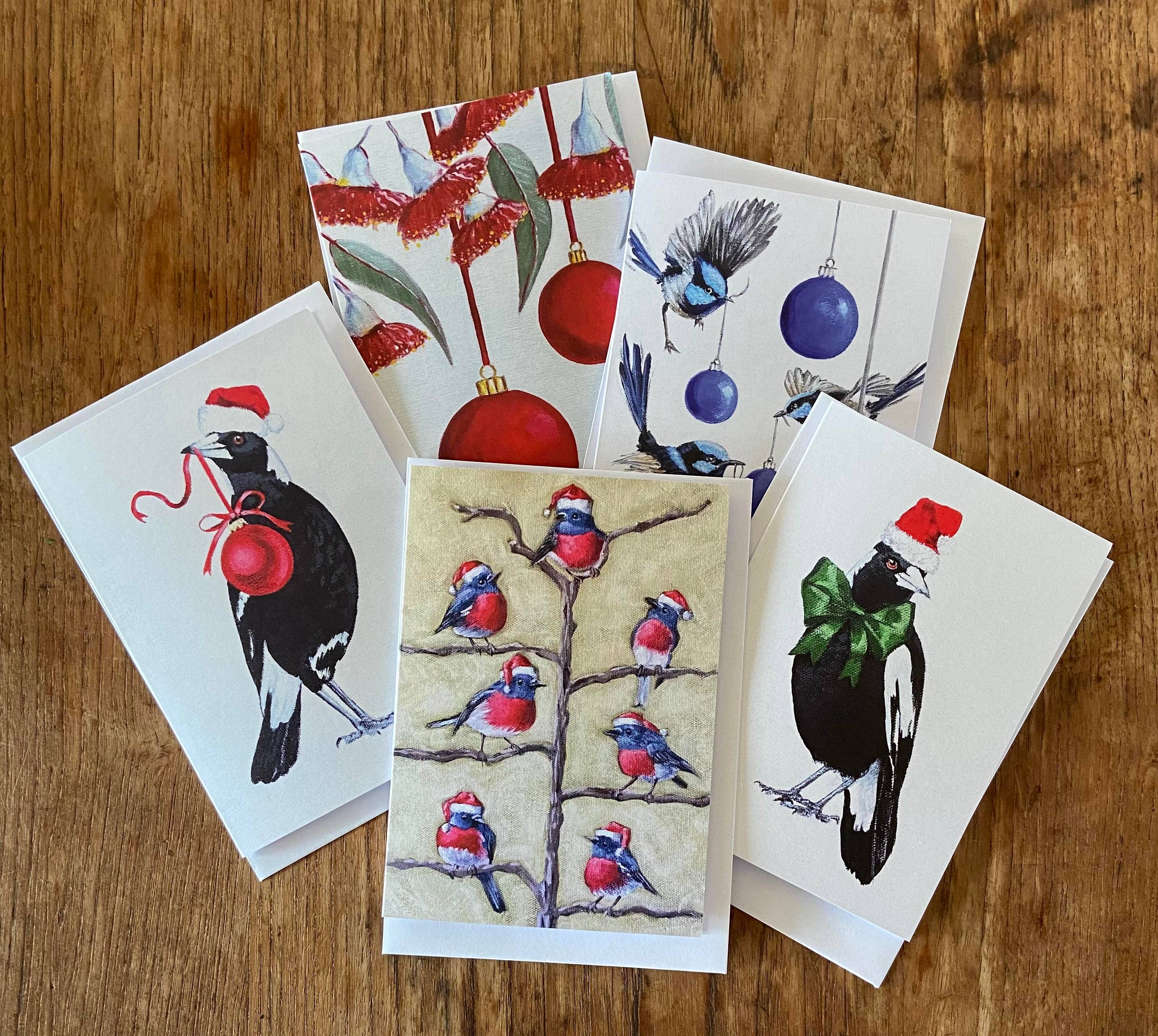 Lucinda Cotter Art - Wholesale Feestdagenkaartje - Schattige Roodborstjes Kerstgroetkaart2