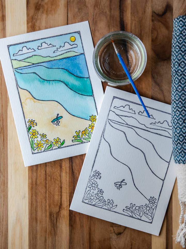 5X7 Surfer & Flowers DIY Watercolor Art Card Kit for wholesale by Ashes & Arbor