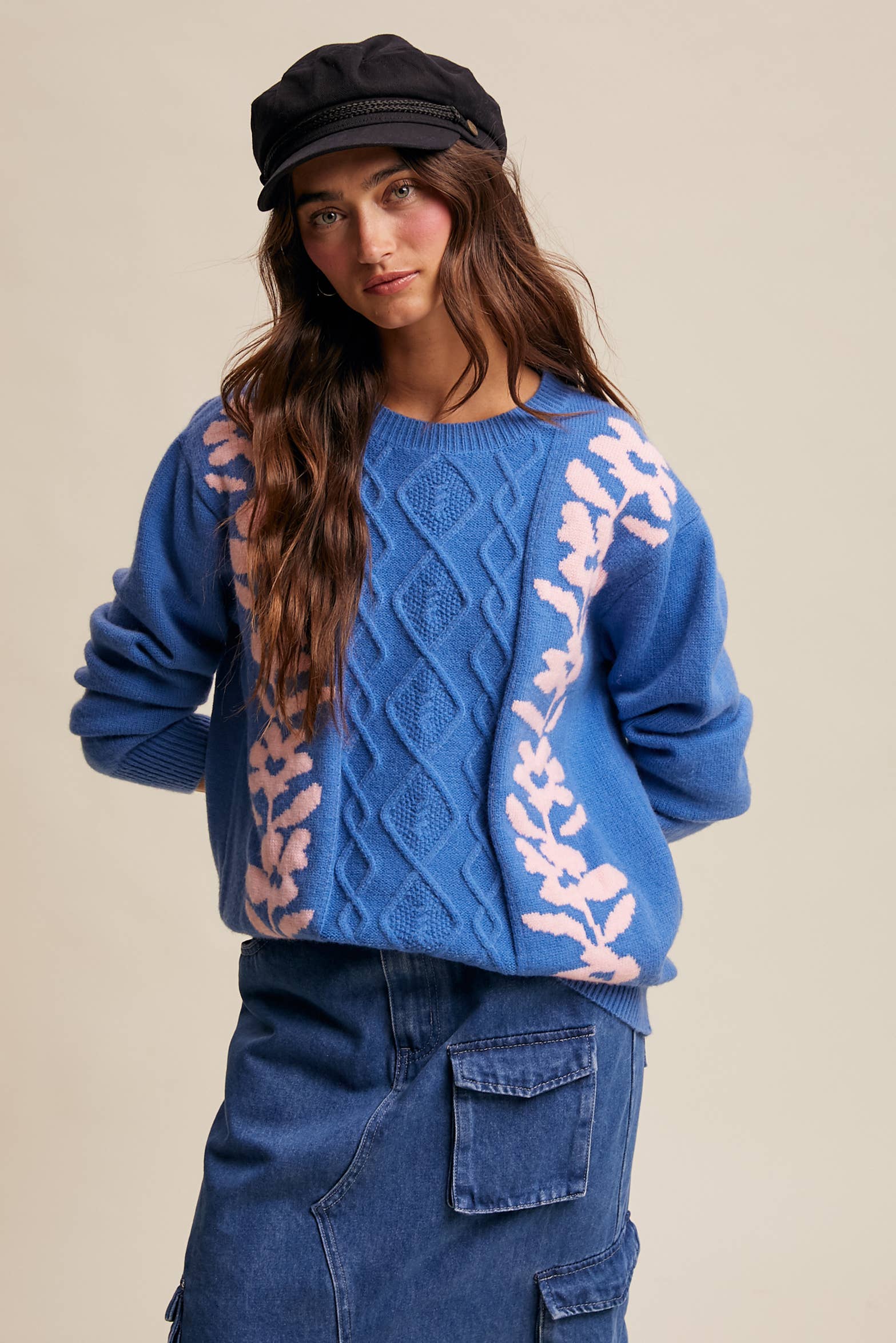 Listicle - Wholesale Knit Sweater - Women's - Floral Panel Cable Knit Sweater (LSW0880)0