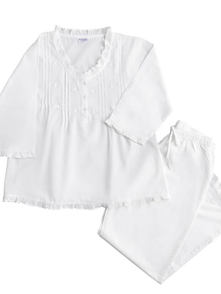 Caroline White Cotton Pajama Set, Embroidered for wholesale by Jacaranda Living