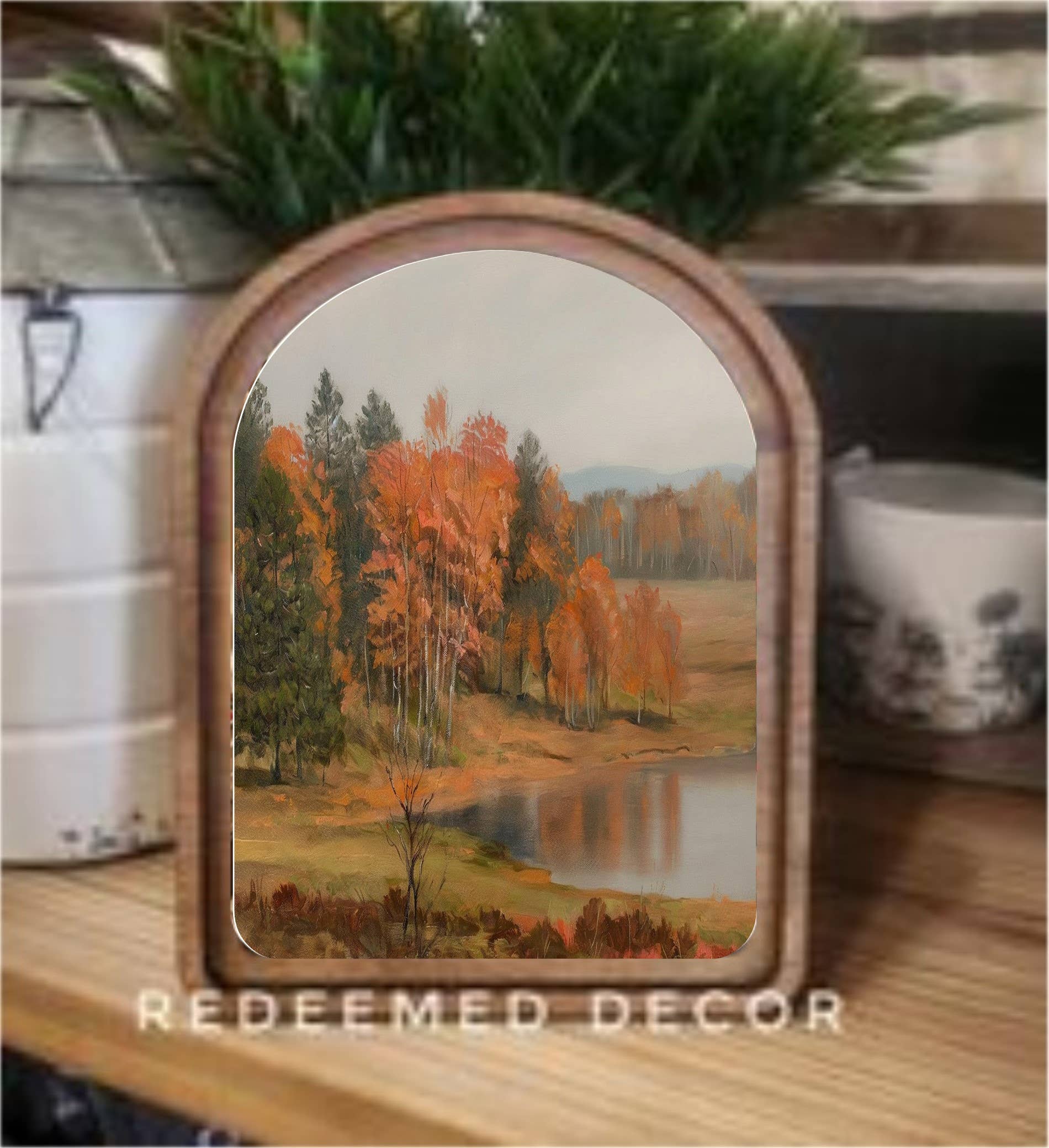 Redeemed Decor - Wholesale Wood Wall Art - Arch Top Autumn Pond Framed Art  0