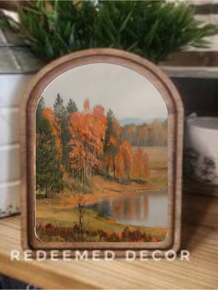 Arch Top Autumn Pond Framed Art for wholesale by Redeemed Decor