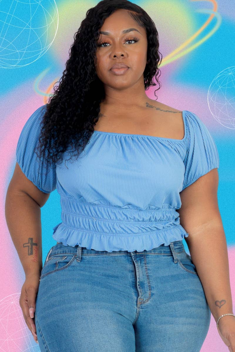 CAPELLA APPAREL - Vente Haut en maille – femme - Top uni en tricot côtelé à manches bouffantes et froncées de grande taille2