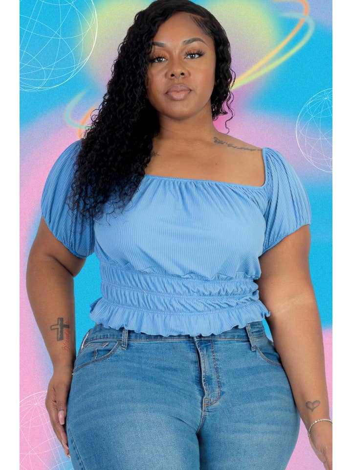 CAPELLA APPAREL - Wholesale Knit Top - Women's - Plus Size Casual Ruched Puff Sleeve Ribbed Knit Solid Top2