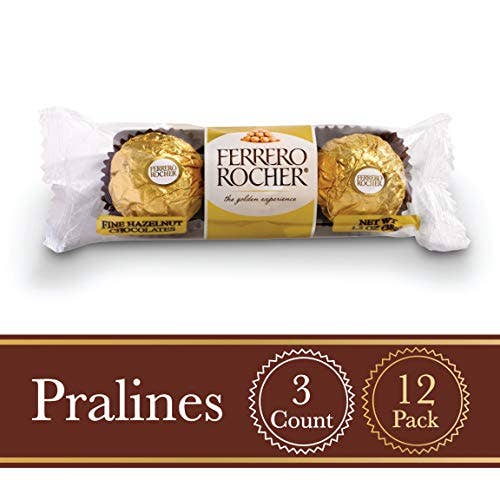 Shop The King - Wholesale Chocolate - Ferrero Rocher Fine Hazelnut Milk Chocolate, 3 Count, Pack of 12 Individually Wrapped Chocolate Candy Gifts, 1.3 oz