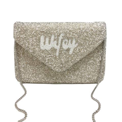 SILVER WIFEY BEADED CLUTCH for wholesale by Pizzazz, Inc.